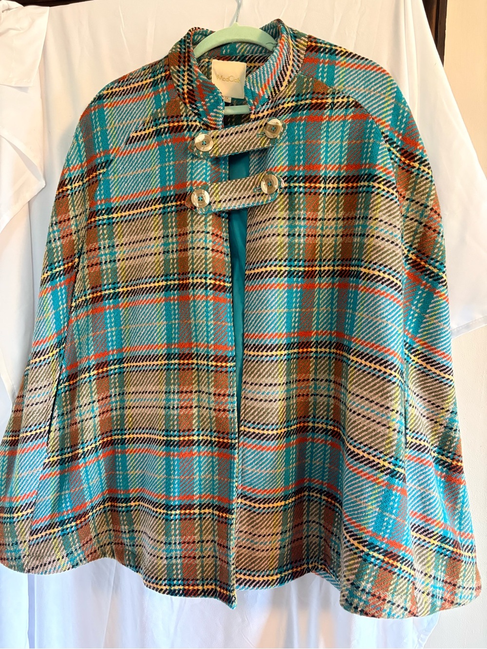 ModCloth Teal Cream and Brown Plaid Toggle-Front Cape